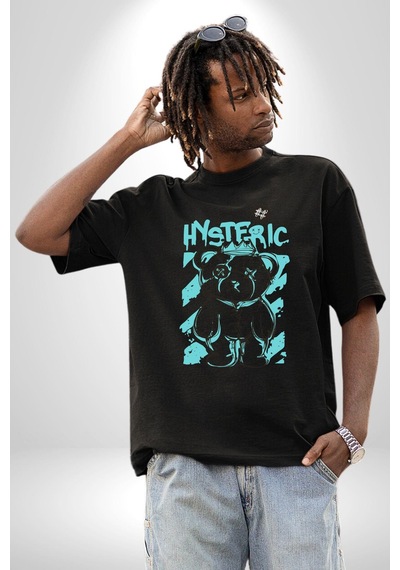 Histerik Pamuklu Bisiklet Yaka Unisex Oversize Boyfriend Dijital Baskılı Siyah T-shirt Siyah