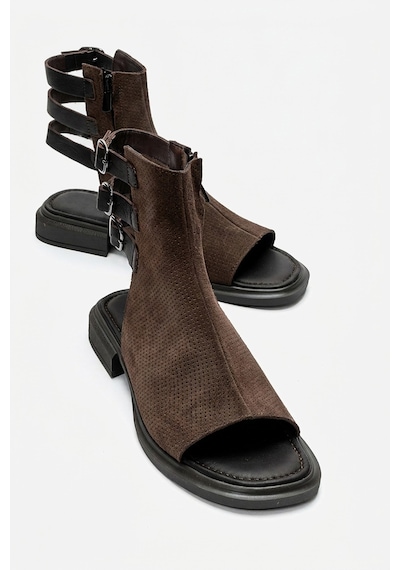 Luvishoes Carına Kahverengi Süet Hakiki Deri Yandan Fermuarlı Kadın Sandalet