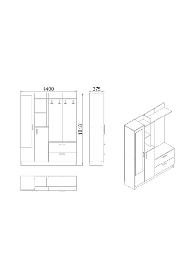 Yurudesign Wisdom Vestiyer Ayakkabılık Portmanto Aynalı Raf Çam-B