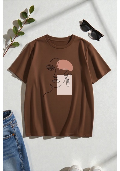 Uyguntarz Unisex Love Me More Baskılı Tasarım Tişört - 2'li Eşofman Takımı Kahverengi