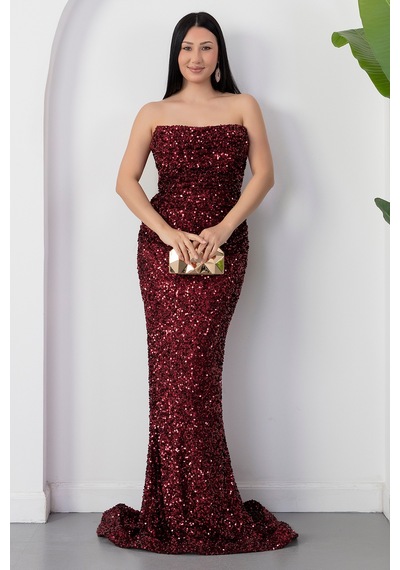 Kalopya Straplez Yaka Pulpayet Abiye Elbise Drp6877 Bordo