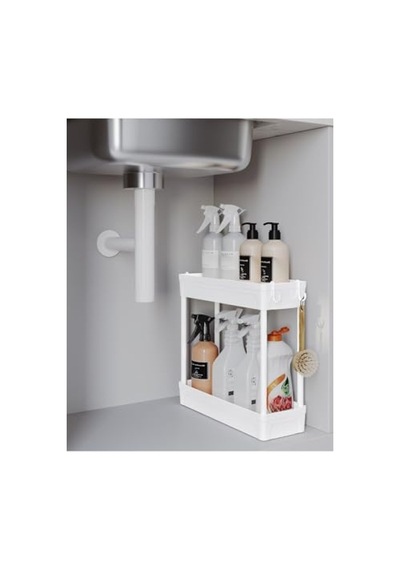 Çok Amaçlı 2 Katlı Evye Altı Düzenleyici Askılı Banyo Organizer Raf 0