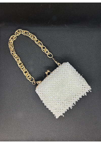 Luti Design El Yapımı Kristal Boncuk Abiye Çanta/ Zincir Askılı Özel Tasarım Beyaz