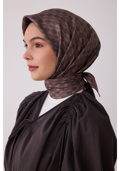 Belli Geometrik Desen %100 Twill İpek Eşarp Be25 Vizon