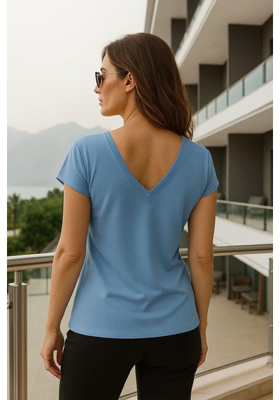 Kadın Mavi Viskon Ön Arka V Yakalı T-shirt Yarasa Kol Relaxed Bluz Çok Renkli