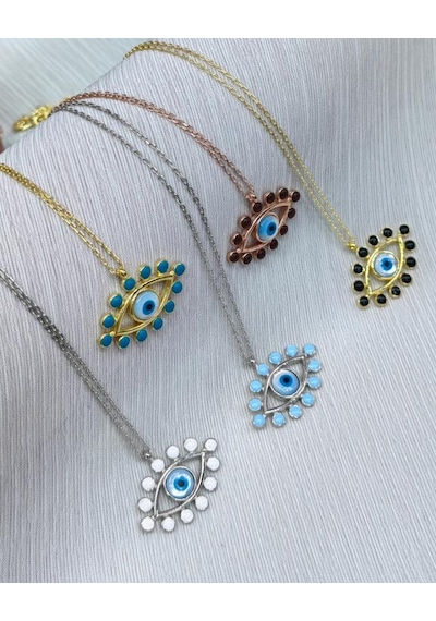 Opal Taşlı Ve Mine İşlemeli Gümüş Göz Kolye Rose Gold