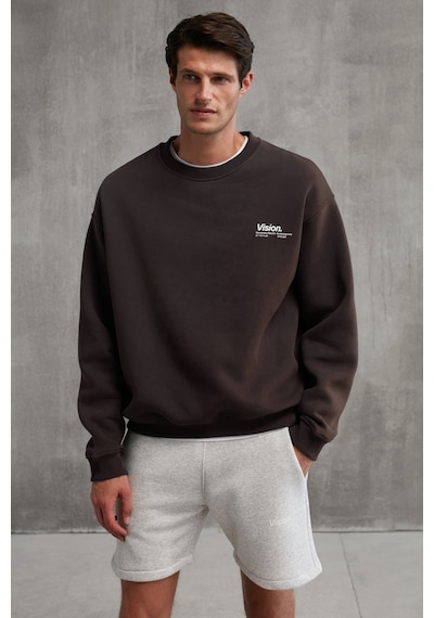 Grimelange Ernest Erkek Organik Pamuklu Yumuşacık Baskı Detaylı Bisiklet Yaka İçi Polarlı Kahverengi Sweatshirt