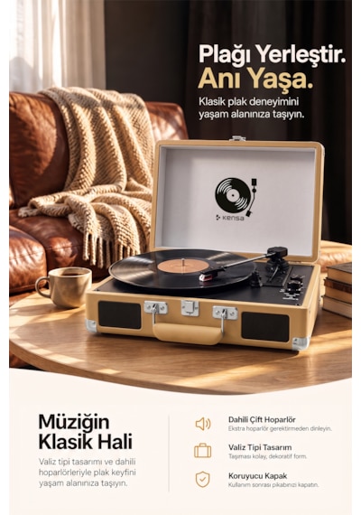 Kensa Bluetooth Lu Nostaljik Çantalı Pikap 33/45/78 Devir Dahili Bataryalı Plak Çalar Standart