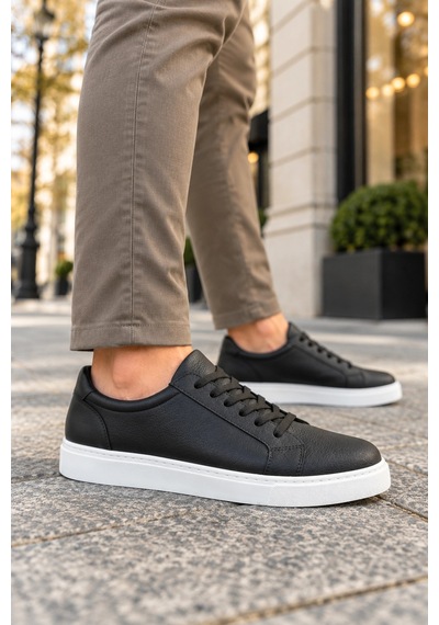 Mevese Etile Bağcıklı Cilt Erkek Günlük Sneaker Ayakkabı - Siyah