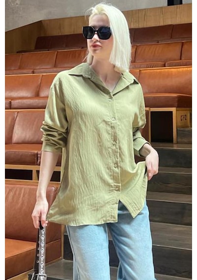 Madmext Haki Uzun Kollu Çizgili Oversize Gömlek Mg2080-haki Haki