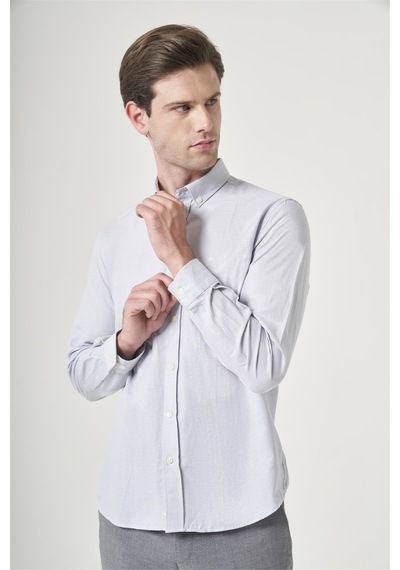 İmza Gri Düğmeli Yaka Oxford Slim Fit Pamuklu Gömlek 1004265124