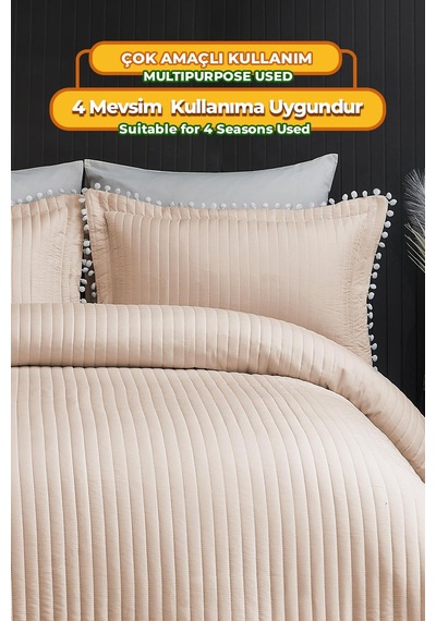 Evlen Home Collection Ponponlu Çift Kişilik %100 Pamuk Yatak Örtüsü Pike Takımı Bej