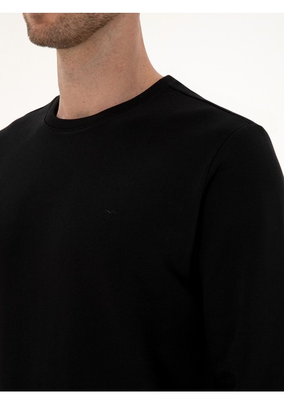 Siyah Regular Fit %100 Pamuk 3 İplik Bisiklet Yaka Sweatshirt