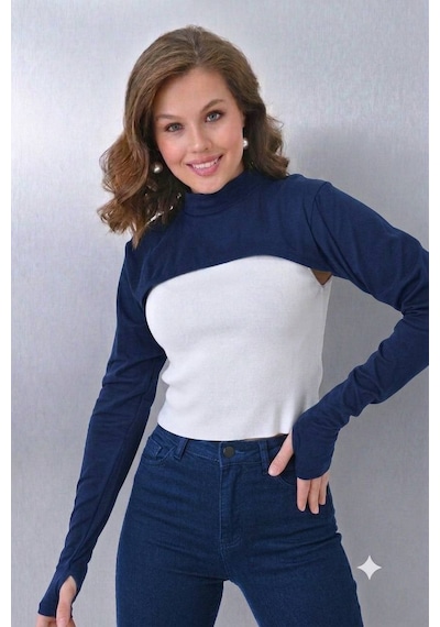 Aldaıyr Parmaklı Tesettür Boyunluk Yakalı Uzun Kollu Kolluklu Body Bluz Bolero Rahat Tasarım Lacivert