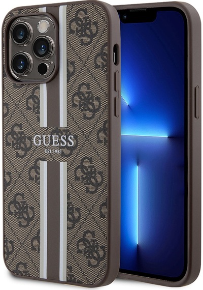 Apple Uyumlu iPhone 14 Pro Max Kılıf Guess Lisanslı Magsafe Şarj Özellikli 4g Şerit Tasarımlı Printed Kahverengi