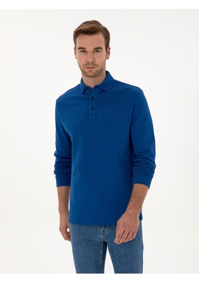 İndigo Regular Fit %100 Pamuk 3 İplik Polo Yaka Sweatshirt Mavi