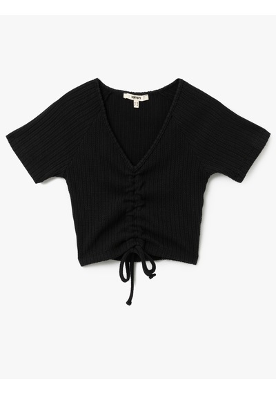 Koton Büzgülü Slim Fit V Yaka Kısa Kollu Crop Tişört Siyah 5sak50248ek Siyah