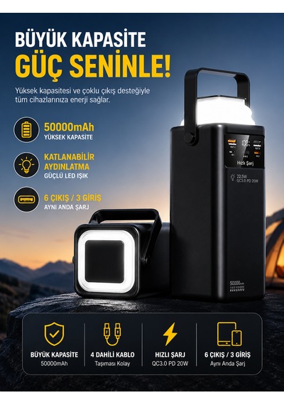50000mah 22.5w Hızlı Şarj Powerbank Kamp Lambalı Led Işıklı Dahili Kablolu Usb Type-c Girişli siyah