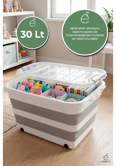 Katlanır Saklama Kutusu 30 Lt Tekerlekli Kapaklı Kilitli Organizer Akordiyon Yer Kaplamaz Renkli