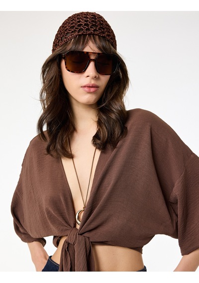 Koton Kısa Kollu Kruvaze Yaka Bağlamalı Crop Oversize Kimono Kahverengi 6sal50004ıw Kahve