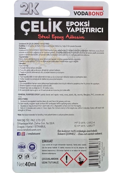Vodabond Isıya Dayanıklı Çok Amaçlı Epoksi Çelik Yapıştırıcı 40 Ml.
