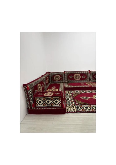 Güneş Modeli Bordo Otantik Şark Köşesi Takımı L Set - Geleneksel Yer Minderi Seti 10 Cm Minder Kalınlığı 10 Parça