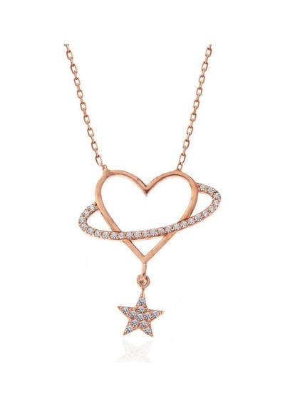 925 Ayar Gümüş Rose Kalp Yıldız Kadın Kolye Rose Gold
