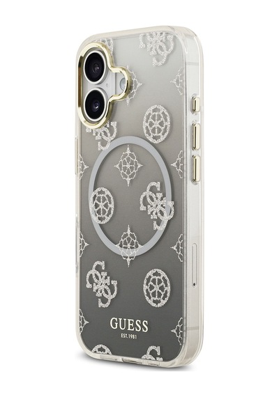 Apple Uyumlu iPhone 17 Kılıf Guess Lisanslı M-safe Şarj Özellikli Simli Peony Desenli Silikon Kapak Siyah Siyah