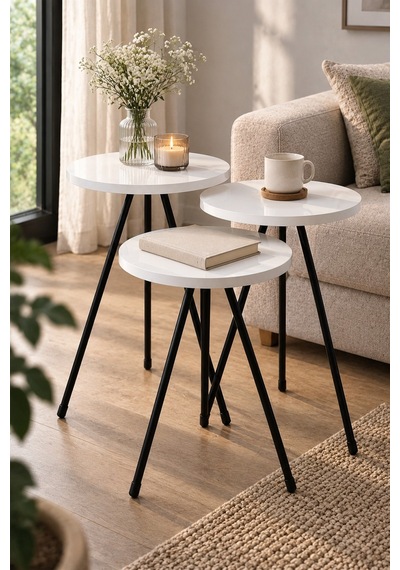 Sulorahome 3'lü Beyaz Zigon Sehpa Takımı Siyah Metal Ayaklı