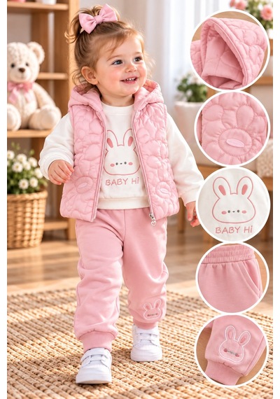 Baby Hi Ayıcıklı Şişme Yelekli Kız Üçlü Takım 9-18 Aylık -dü653337 - Pembe