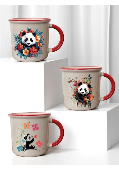 Panda Ve Çiçek Baskılı Ağzı Kırmızı 3'lü Seramik Kupa Bardak Beyaz