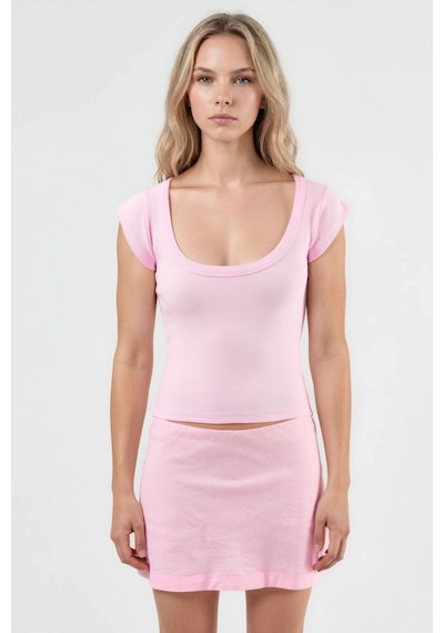 Hiccup Busem Slim Fit Ribana U Yaka Bluz Toz Pembe