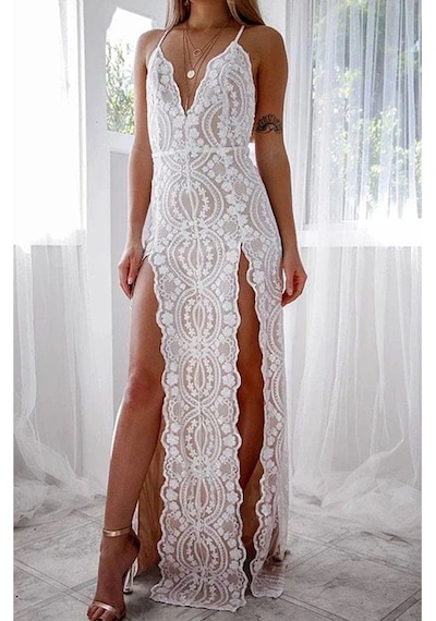 Fashion Cocktail Çift Çok Derin Yırtmaçlı Payetli Abiye Uzun Maxi Elbise Beyaz