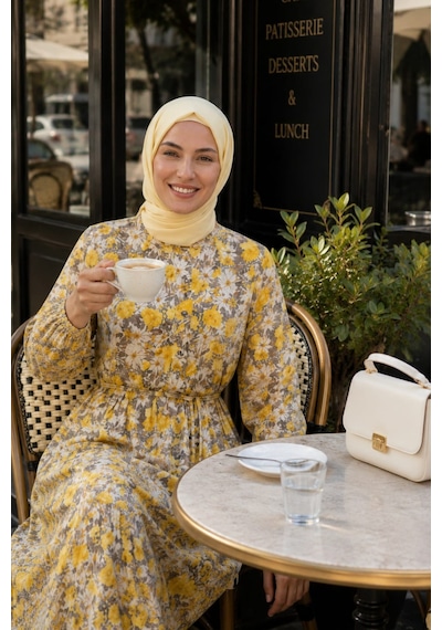 Hb Harma Time Butik Kadın Düğmeli Desenli Modal Sarı Elbise Vizon Vizon