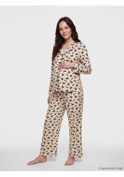 Lcw Dream Bej Gömlek Yaka Fiyonk Baskılı Hamile Pijama Takımı
