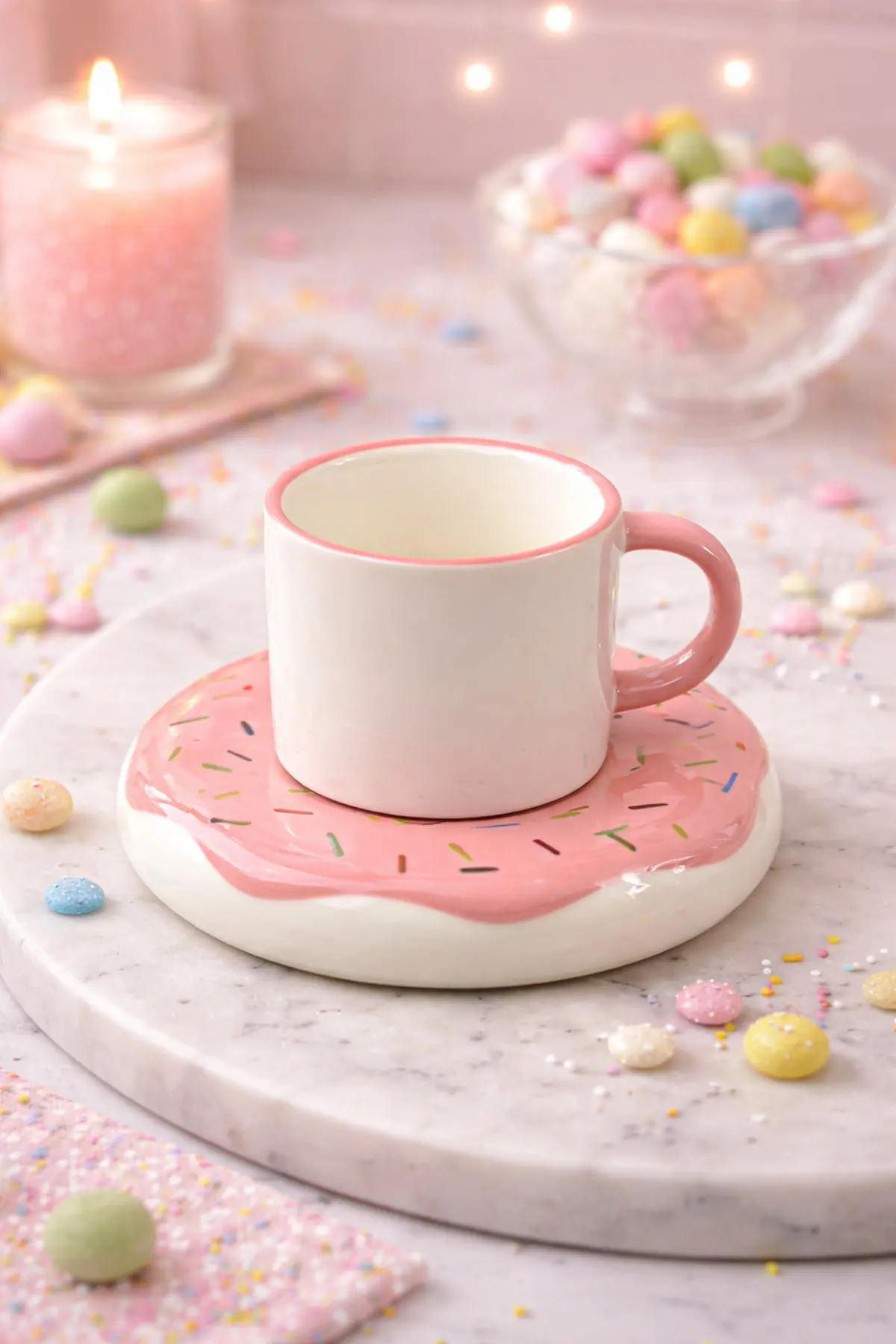 Acar 6 Kişilik Lüks Porselen Donut Tabaklı Renkli Kahve Fincan Takımı Seti 90ml Beyaz