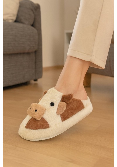 İnek Figürlü Nakışlı Kışlık Unisex Ev Terliği Kaydırmaz Taban Taba