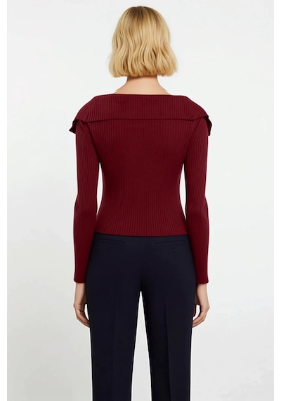 Benerly Kadın Devrik Yaka Fitilli Triko Hırka Uzun Kollu Crop Kesim Rahat Bordo
