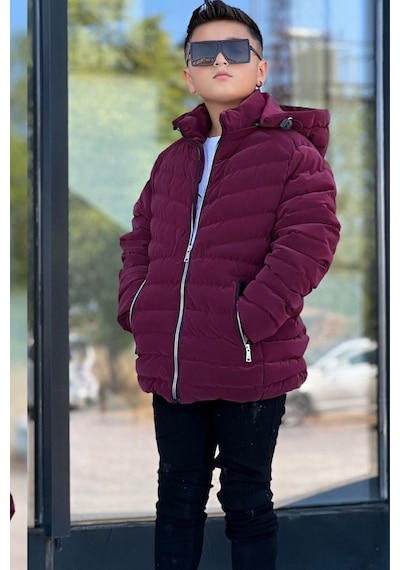 Pina Kids Erkek Çocuk Çıkarılabilir Kapüşonlu Sık Dikişli Nova Kumaş Kışlık Şişme Mont Km4016 Bordo