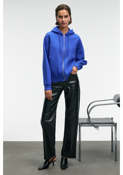 Grimelange VYSELLE Kadın Önü Kesikli Metal Fermuarlı Kapüşonlu Etiket Detaylı Oversize Mavi Sweatshirt