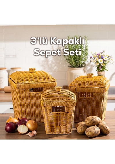 Pbt-919-2 3lü Hasır Sepet Kapaklı Bambu Sepet Seti Dekoratif Banyo Mutfak Düzenleyici Patates Soğan Sepeti Organize Diğer