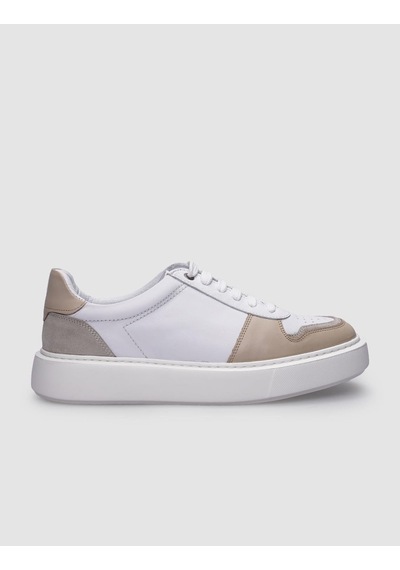 %100 Hakiki Deri Beyaz - Bej Bağcıklı Erkek Sneaker Beyaz
