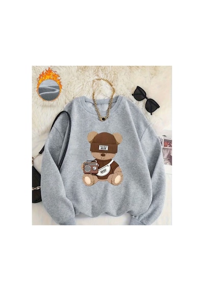 Herkesemoda The Best Bear Baskı Detaylı Bisiklet Yaka Sweatshirt Gri