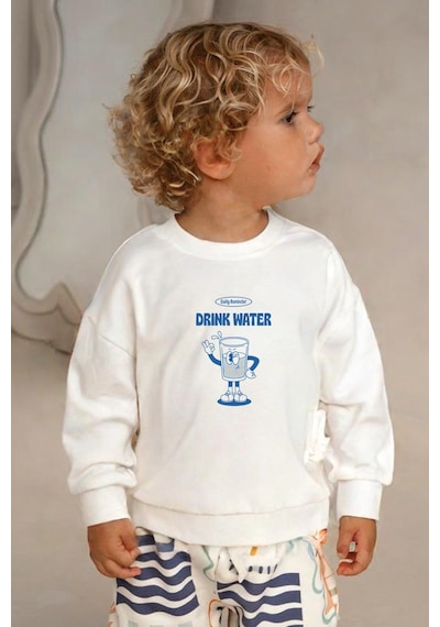 Monila Unisex Baskılı 3 İplik Kumaş Bisiklet Yaka Sweatshirt Ekru