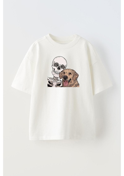 Thewert Unisex Kopekle Selfie Tasarım Baskılı Pamuk Beyaz Oversize T-shirt