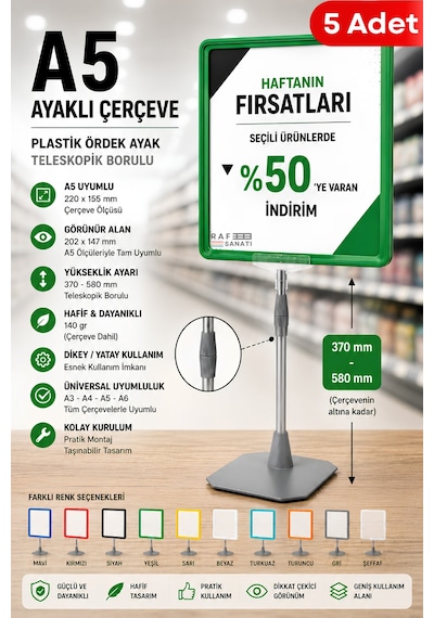 5 Adet - A5 Ayaklı Çerçeve Seti Plastik Ördek Ayak Teleskopik Borulu Fiyat Etiketliği Yönlendirme Levhası Menü Panosu Yeşil