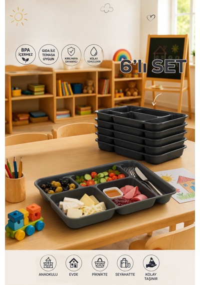 6 Adet 5 Bölmeli Bpa İçermez Lüks Plastik Piknik Yemek Servis Tabağı-tabldot Servis Tabağı Antrasit-21 31 3,5 Cm