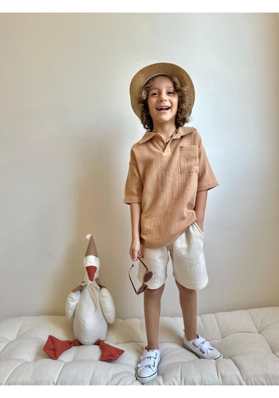 Jolly Kids Erkek Çocuk Müslin Kumaş Gömlek Yakalı Takım Kahverengi