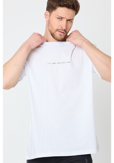 Comeor Erkek Beyaz Baskılı Basic Oversize Bisiklet Yaka Kısa Koll Beyaz
