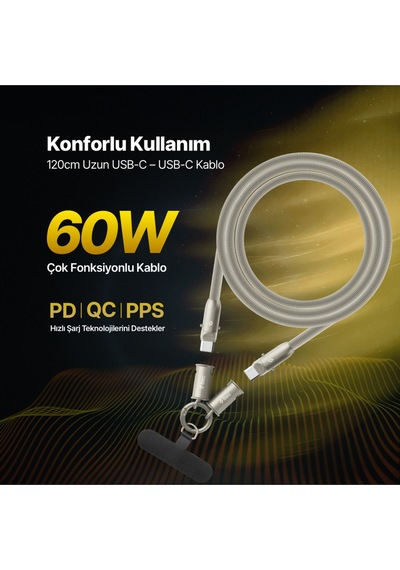 Ttec Extremecable Hip Çok Fonksiyonlu Ekstra Dayanıklı USB-C –USB-C 60W PD/Qc 120 CM Hızlı Şarj/Data Kablo Altın